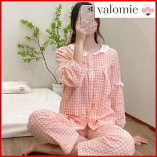 Bộ pijama [ NHIỀU MÀU] đồ bộ kẻ tiểu thư tay dài quần dài ,đồ bộ mặc ở nhà chất vải đũi kẻ ô  freesize