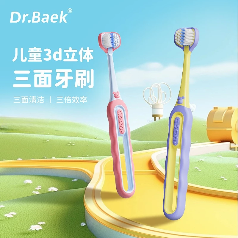 Bàn chải đánh răng ba mặt cho trẻ em DR.BAEK, lông mềm cao cấp, bảo vệ nướu, thích hợp cho trẻ 3-12 tuổi.