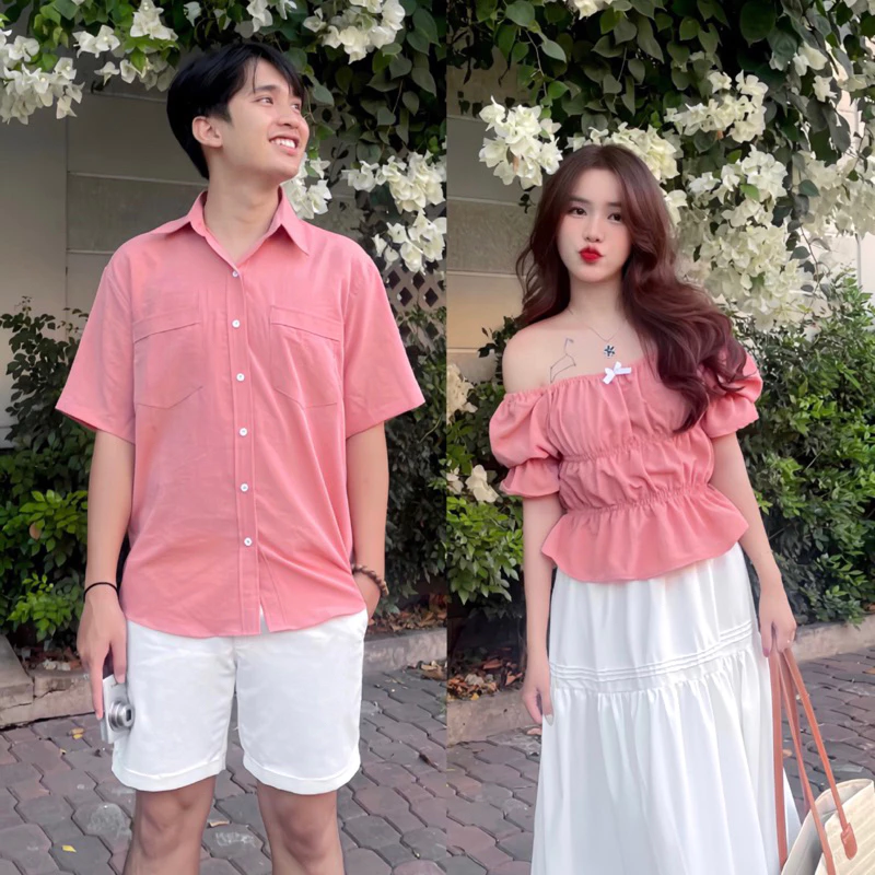 Set Đồ Đôi Nam Nữ Cùng Người Yêu Áo Sơ Mi Và Áo Trễ Vai Kết Hợp Váy Nhún Nơ 3 Tầng Vải Đũi Mát Đi Du Lịch Hè 2024 Queens