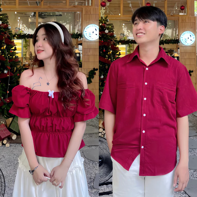 Cặp Áo Đôi Nam Nữ Cùng Người Yêu Áo Sơ Mi Và Áo Trễ Vai Kết Hợp Váy Nhún Nơ 4 Tầng Chất Vải Đũi Mát Đi Du Lịch Queenstor
