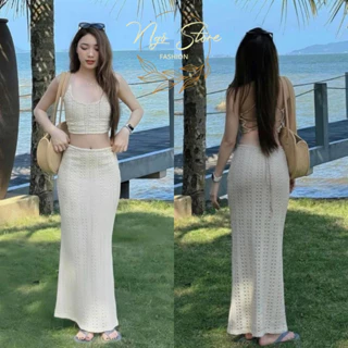 Set váy bikini tôn dáng siêu xinh cho nàng đi du lịch, CHẤT LEN set áo đan dây ( có mút) phối chân váy đuôi cá dài 2 lớp