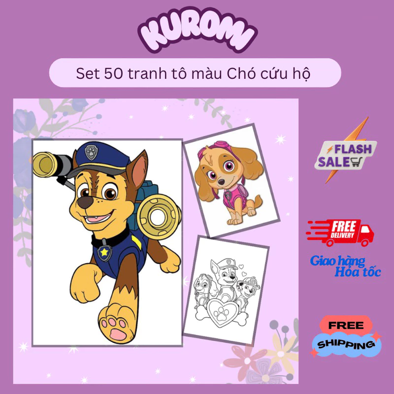 Set 50 tranh tô màu nhiều hình Biệt đội chó cứu hộ ngộ nghĩnh dễ thương cho bé trai bé gái Chó cứu hộ