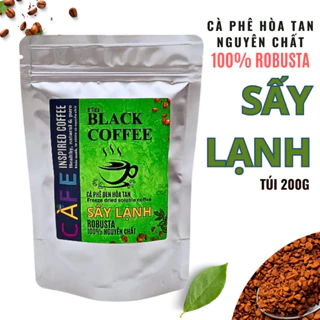 Cà phê sấy lạnh Black coffee, cafe đen hòa tan không đường 100% robusta nguyên chất (Túi 200g/ 65ly)