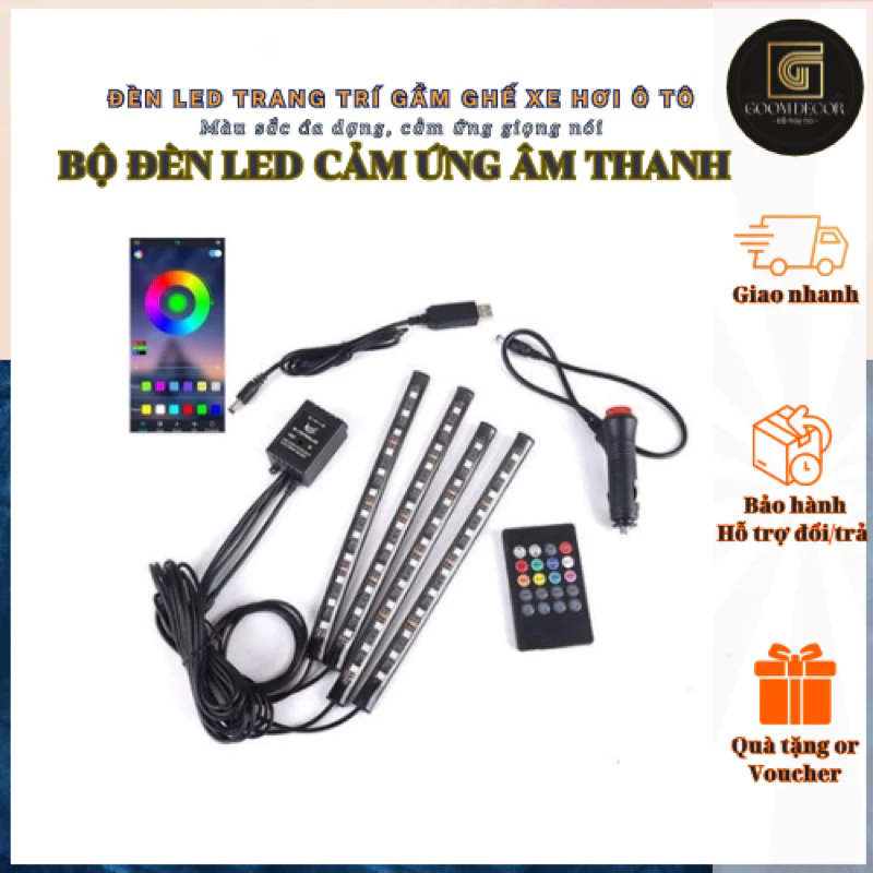 Đèn Led trang trí nội thất gầm ghế ô tô 12 bóng led có điều khiển từ xa hoặc app, cảm ứng âm thanh nhấp nháy theo nhạc