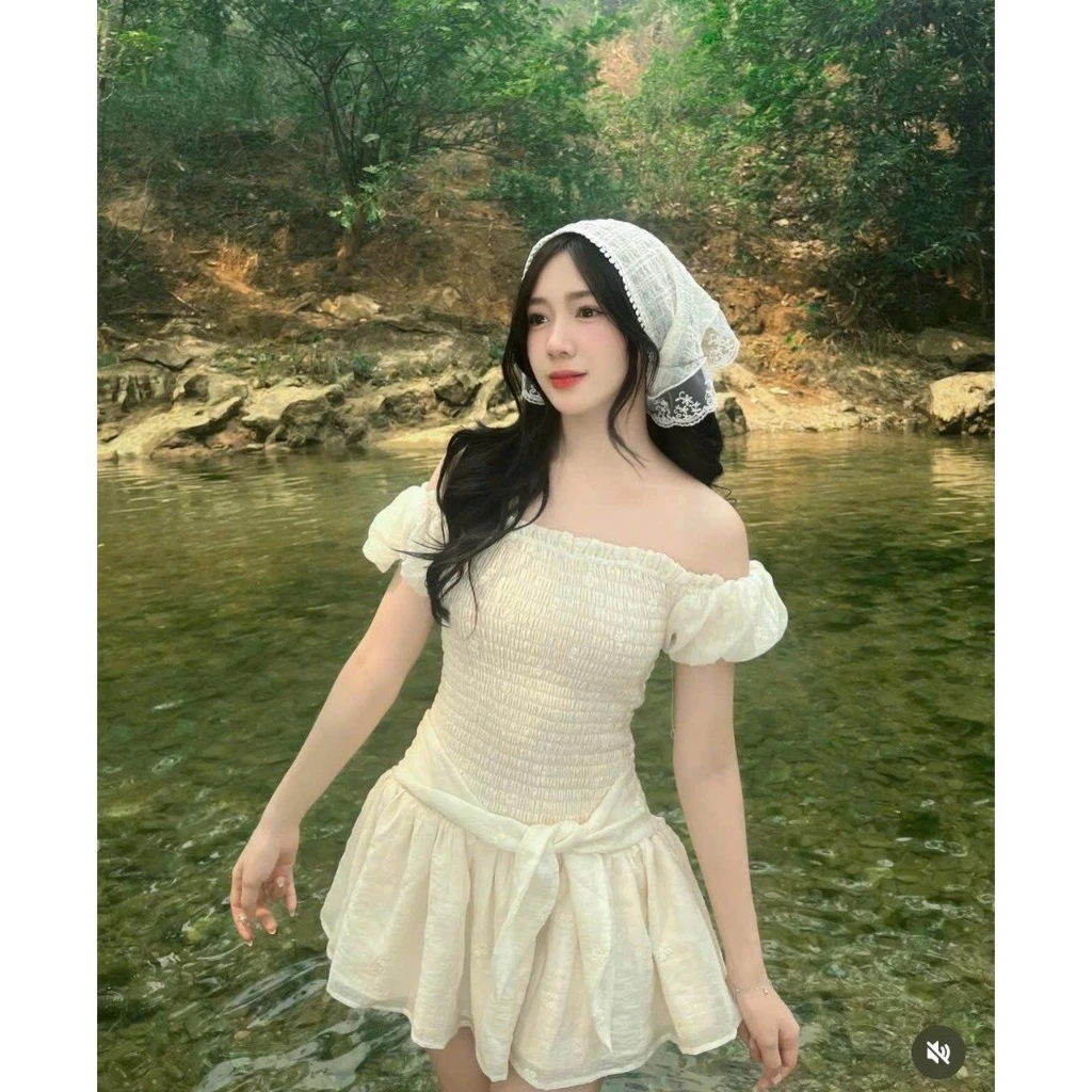 Đầm bo nhún trễ vai thắt nơ ngang hông, Váy xoè đi du lịch biển, đi chơi sang chảnh hàng 2 lớp chuẩn xịn màu Nude xinh