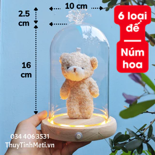 Chụp thủy tinh đế gỗ núm bông hoa, 10x19, đế trơn và có đèn