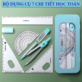 Bộ dụng cụ 7 món học toán - Đồ dùng học tập đa năng thước la bàn bút chì tẩy - Bộ dụng cụ vẽ dành cho bé trai bé gái