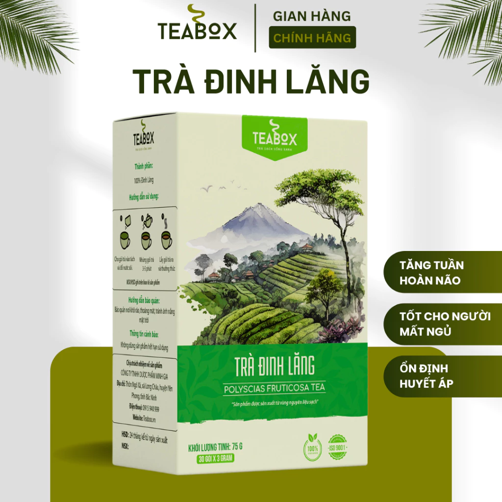 Trà Đinh Lăng Tăng Tuần Hoàn Não,Lưu Thông Máu Bổ Khí Huyết | Hộp 30 gói x 3g  Túi Lọc Teabox