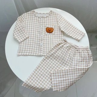 Pijama bé trai bé gái tay dài xô muslin Áo Lá Homewear A109, đồ ngủ bé trai xô đũi cổ tròn caro hình thú