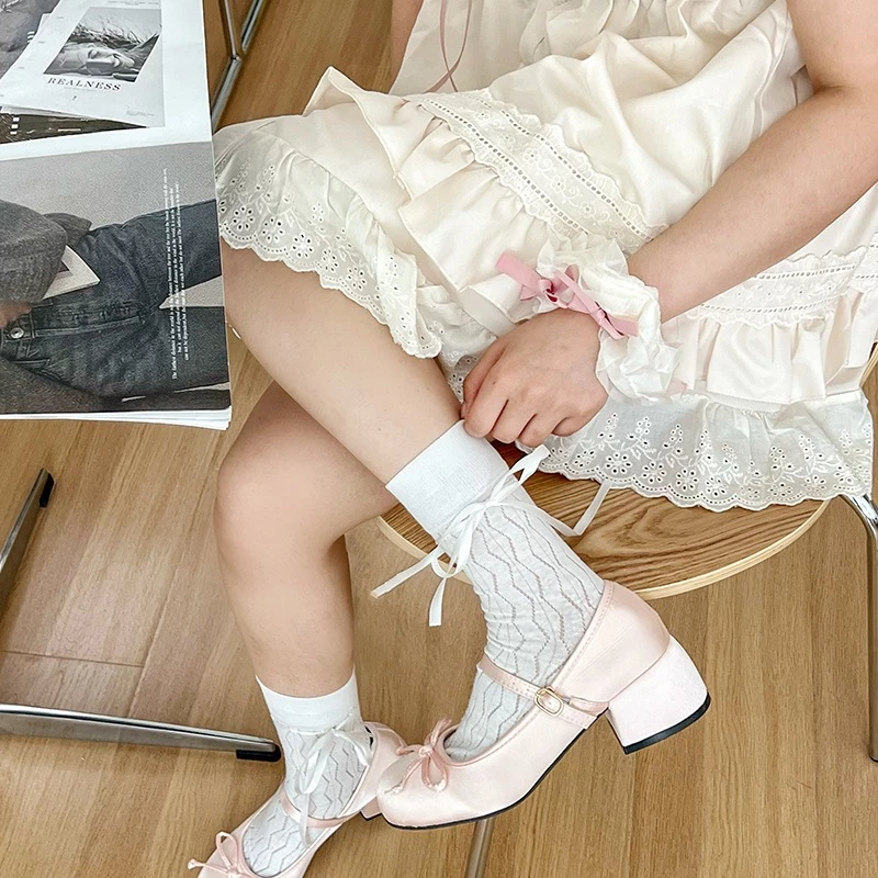 Tất ren mỏng có thắt nơ màu trơn dành cho nữ phong cách Nhật Bản T202