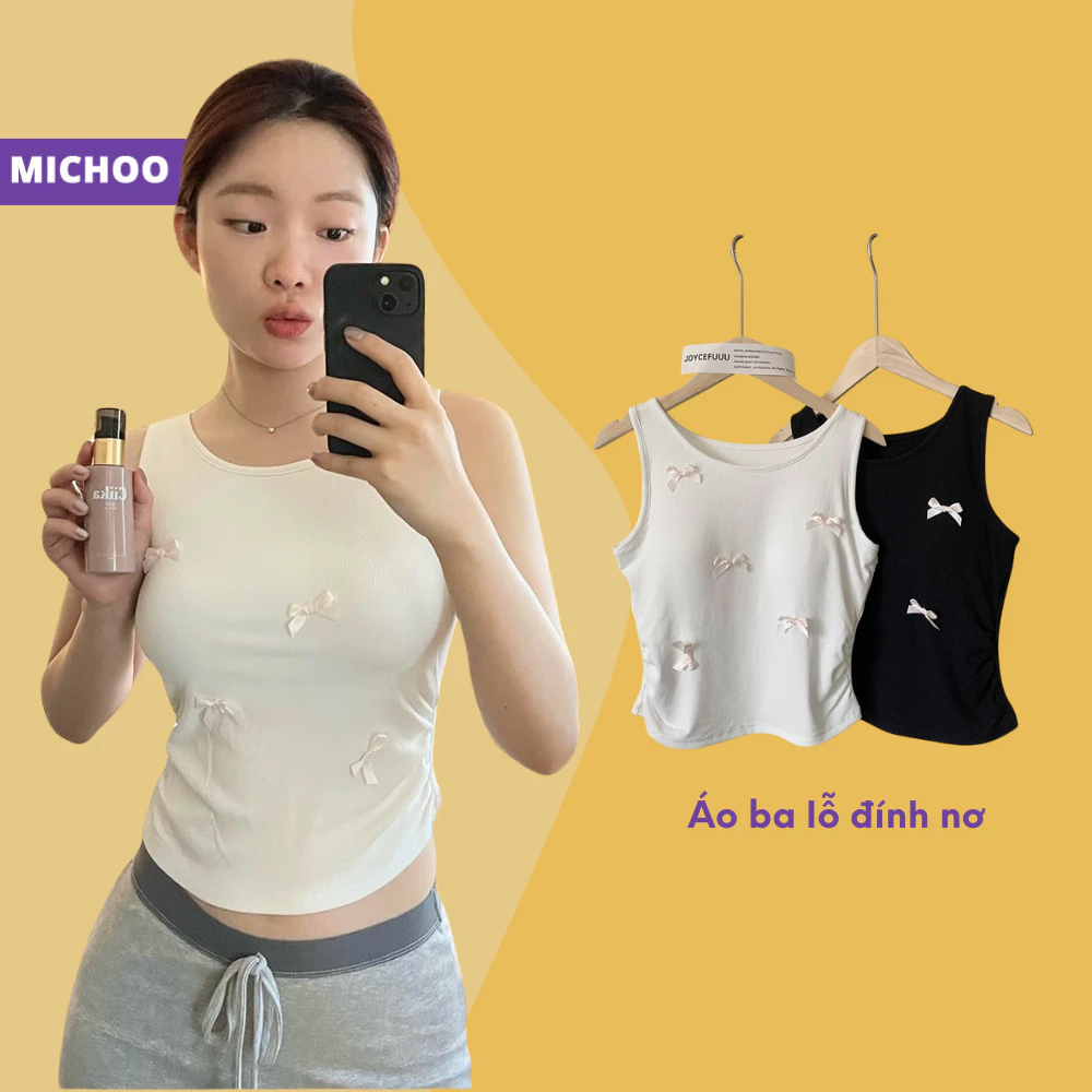 Áo 3 Lỗ Nữ Cotton MICHOO Đệm Ngực Liền Đính Nơ Cá Tính 3 Màu Basic