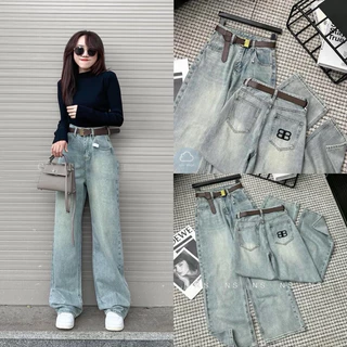 Quần bò Jeans Nữ Ống rộng Lưng cao thêu túi quần BB Quần bò Nữ ống Suông Hách dáng Basic dễ phối đồ