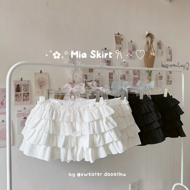 [ ẢNH THẬT ] MIA SKIRT - Chân váy ngắn 4 TẦNG ĐÍNH NƠ màu trơn basic siêu phồng hack dáng