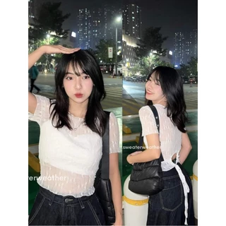 METWO. - Áo ren lưới nhún họa tiết hoa nổi croptop dáng lửng buộc dây sau liền áo quây trong ulzzang tiểu thư HQ #388