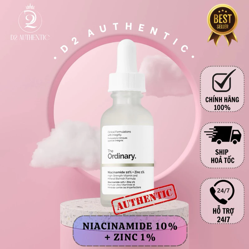 Tinh chất The Ordinary Niacinamide 10% + Zinc 1% - Giảm mụn thâm - D2 authentic