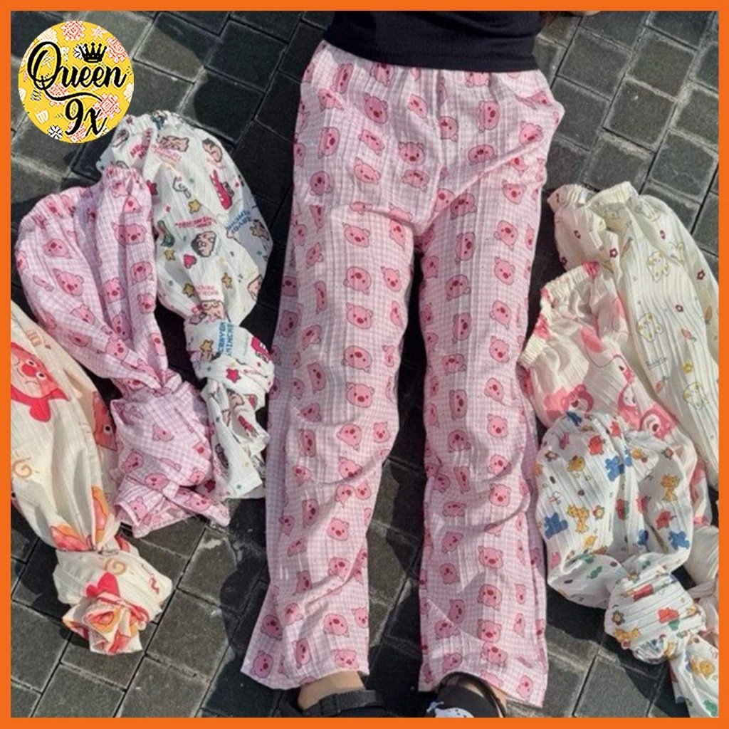 Quần Dài Ống Rộng Chất Xốp Họa Tiết Dễ Thương Cho nữ