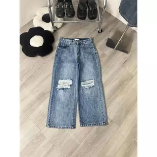 Quần jean ống rộng,quần bò nữ ống suông Aniee cạp cao ống rách vải denim màu xanh nhạt dài 88cm cho nấm lùn-XANHSANGRACH