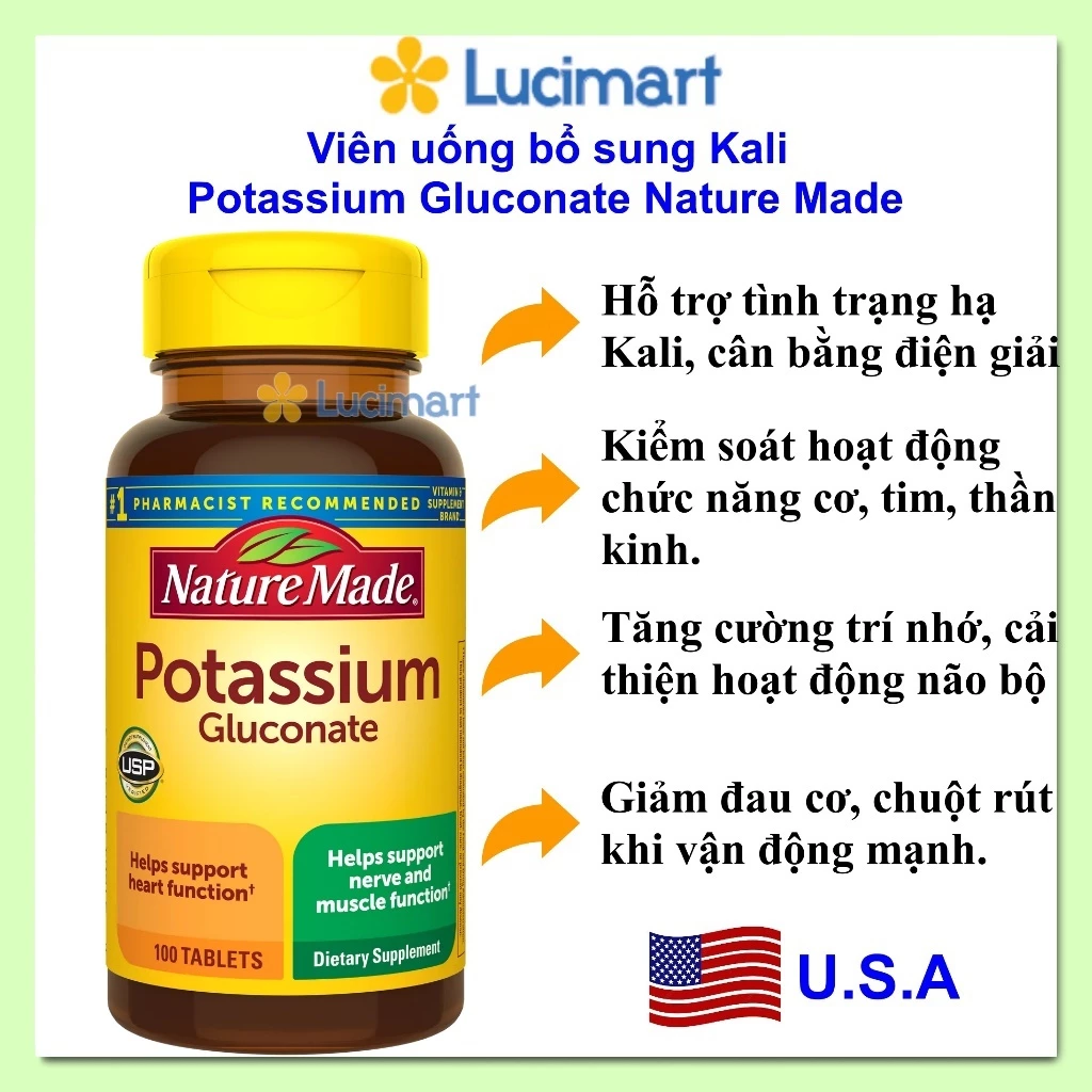 Viên uống bổ sung Kali Potassium Gluconate Nature Made hũ 100 viên [Hàng Mỹ]