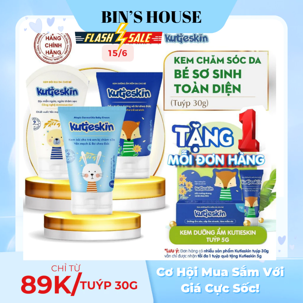 KUTIESKIN Kem bôi da tự nhiên chăm sóc làn da bé, Kem chàm sữa (Dưỡng Ẩm / Chàm Sữa, lác sữa / Mẩn Ngứa, Hăm) (Tuýp 30)