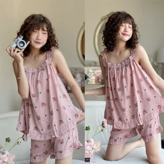 Bộ pijama mặc nhà chất đũi lạnh siêu mát bộ hai dây mùa hè hot trend 2024 Kingofpijamas