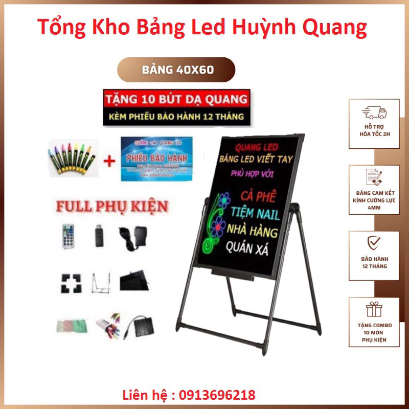 Biển Led Huỳnh Quang, Biển Led Dạ Quang 40x60cm - TẶNG 10 BÚT + FULL PHỤ KIỆN