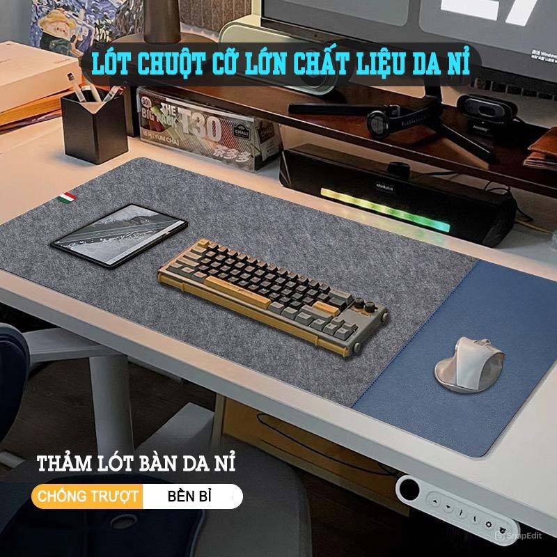 Lót Chuột Chất Liệu Nỉ + Da Cỡ Lớn 100x40cm , 90x40cm , 80x40cm Dùng Decor, Trang Trí Góc Bàn Làm Việc, Giải Trí