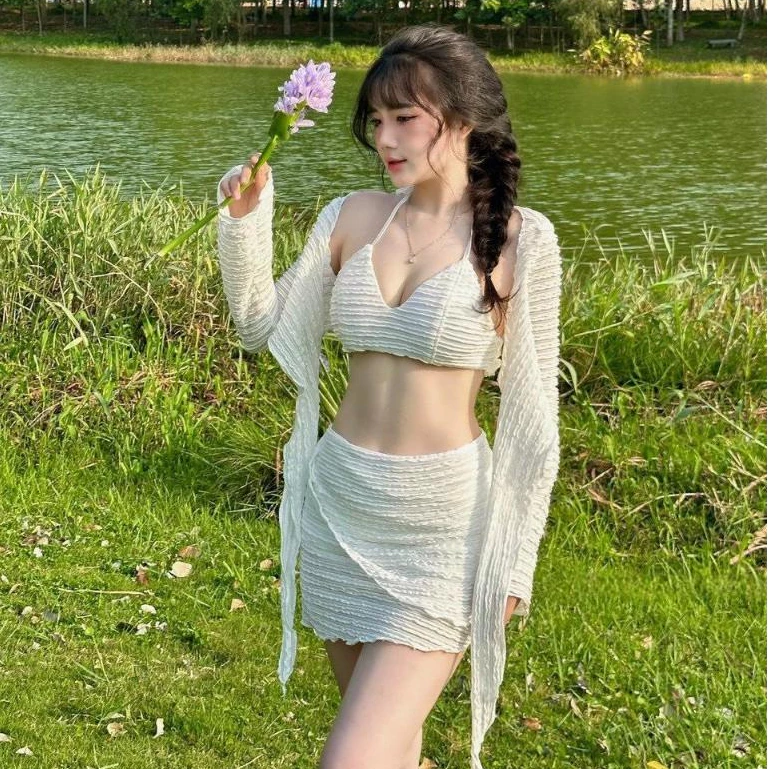 MS922  Size (M,L,XL) Bikini đồ bơi đi biển set 4 món GỢN SÓNG 3D dễ thương, Kín đáo