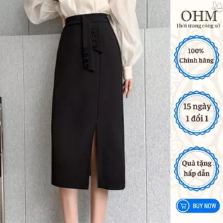 Chân váy công sở OHM CV15 có đai đính cúc sẻ tà trước giữa eo giấu bụng tôn dáng phong cách công sở