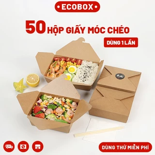 Set 50 Hộp giấy Kraft nắp gài móc chéo ECOBOX dùng 1 lần, đựng cơm, gà rán, salad, mì trộn, dày dặn, không thấm nước