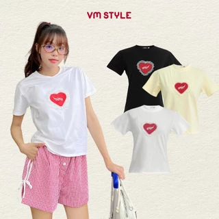 Áo thun babytee nữ VMSTYLE tay ngắn thêu trái tim ren trước ngực dễ thương đi chơi 37278 ATU00787