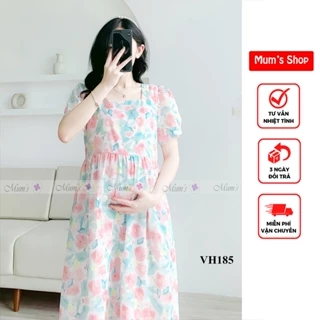 ĐẦM BẦU CÔNG SỞ MUM'S SHOP 🚛 FREESHIP 🚛 VH185-Hoa hồng lá xanh cổ vuông