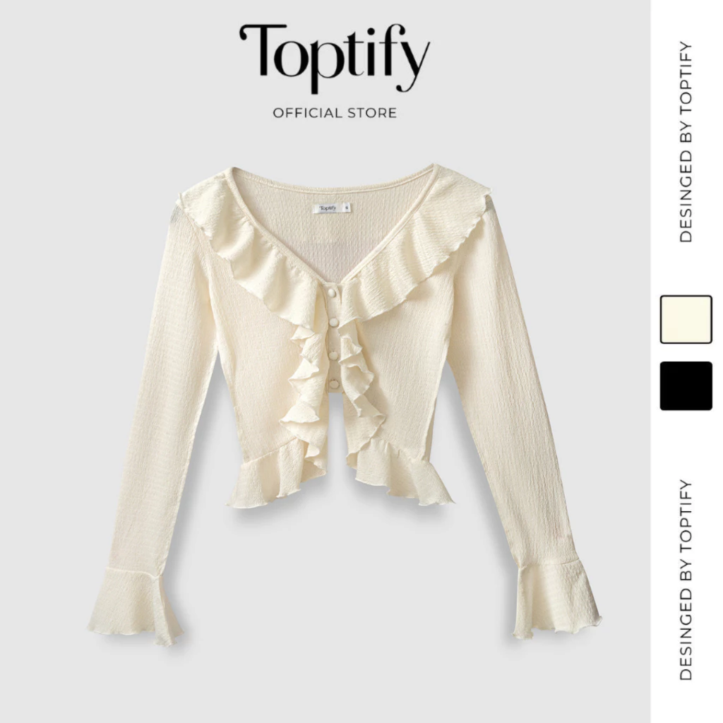 Áo croptop nữ TOPTIFY ôm body tay dài cổ V phối bèo cuốn biên chất len thun - Falling Top AC113