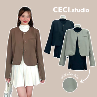 Áo khoác vest blazer nữ CECI dáng ngắn cổ tròn khuy đồng một túi chất liệu chéo hàn trẻ trung thanh lịch [A350]