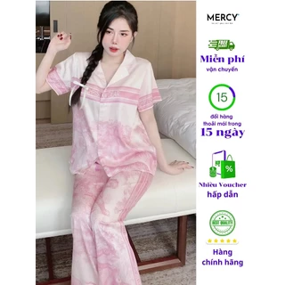 Đồ bộ nữ LOGO tay ngắn quần dài lụa vân ánh kim Mercy pijama PNQD26