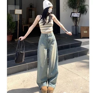 Quần jeans suông li chéo lưng cao màu mới phong cách Hàn Quốc Quần jeans 2 túi ngang Quần bò ống rộng xanh rêu hot hit