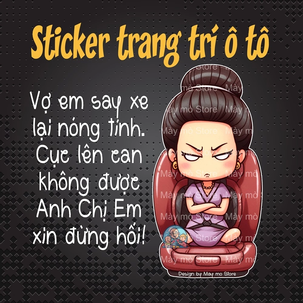 Tem dán xe, trang trí ô tô, Vợ say xe, decal dán xe, phụ kiện ô tô, che nắng ô tô, sticker dán kính