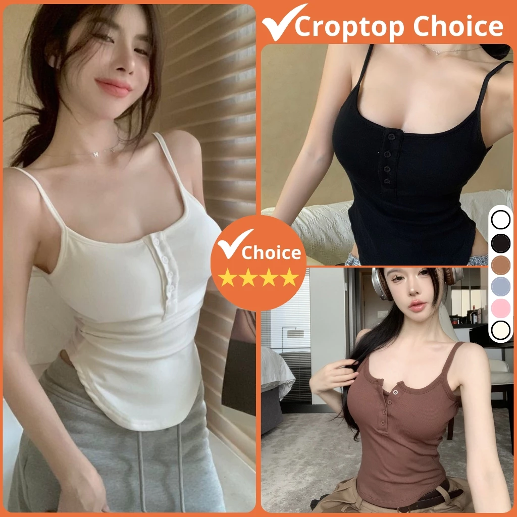 Áo 2 dây phối nút có mút ngực vạt bầu CHOICE áo dây đi biển nữ dáng dài ôm body vải mềm mại D2-02