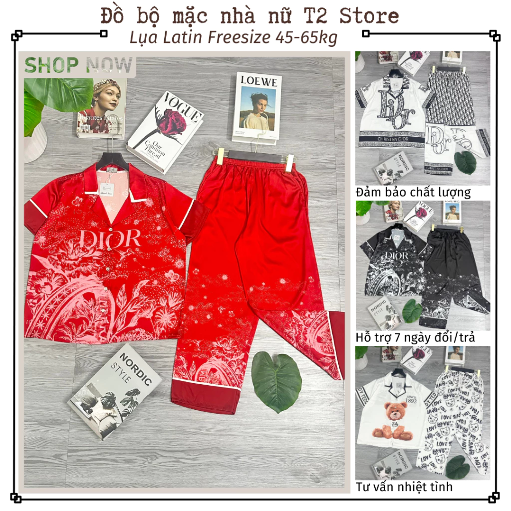 Bộ đồ ngủ nữ pijama mặc nhà T2 Store chất latin thiết kế họa tiết tay ngắn quần dài dễ thương T12