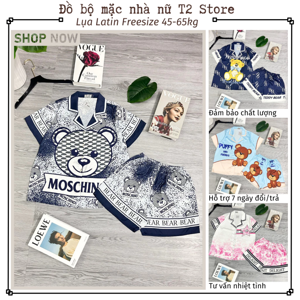 Đồ ngủ pijama nữ đồ mặc nhà lụa latin mềm mịn T2 Store tay ngắn quần đùi họa tiết xinh xắn T17