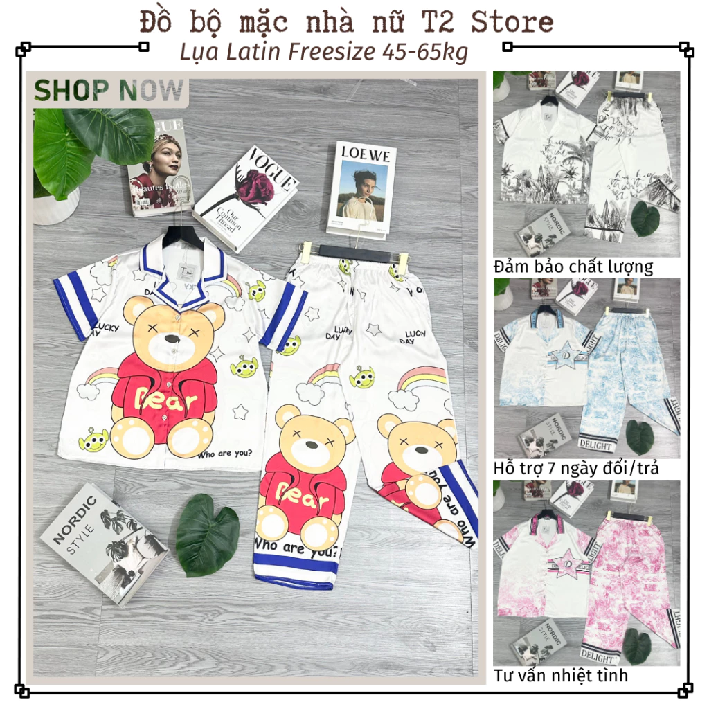 Bộ đồ ngủ nữ pijama mặc nhà T2 Store chất latin thiết kế họa tiết tay ngắn quần dài dễ thương T23