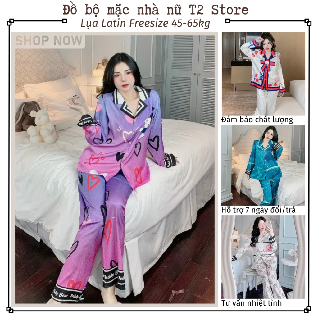 Bộ đồ ngủ nữ pijama mặc nhà T2 Store chất latin thiết kế họa tiết tay dài quần dài dễ thương T10