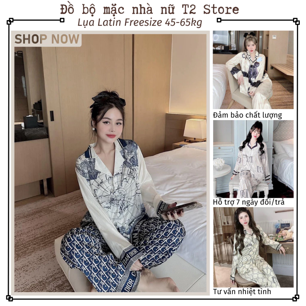 Bộ đồ ngủ nữ pijama mặc nhà T2 Store chất latin thiết kế họa tiết tay dài quần dài dễ thương T03