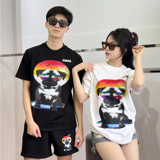 Bộ Hè Nam Nữ Dsq BHQD04, Chất Liệu Áo Cotton, Quần Nỉ Hoạ Tiết Trẻ Trung Năng Động Thời Trang Nam, Hai Màu Đen Trắng