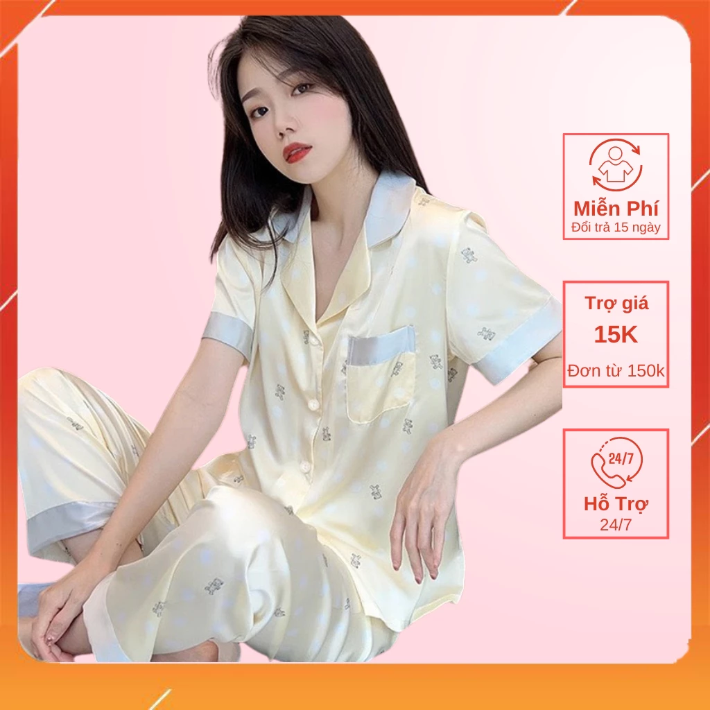 Bộ Pijama Nữ Tay Cộc Quần Dài [HÀNG SẴN] Bộ Ngủ Nữ Pyjama Màu Be Chất Lụa Quảng Châu Hàng Cao Cấp