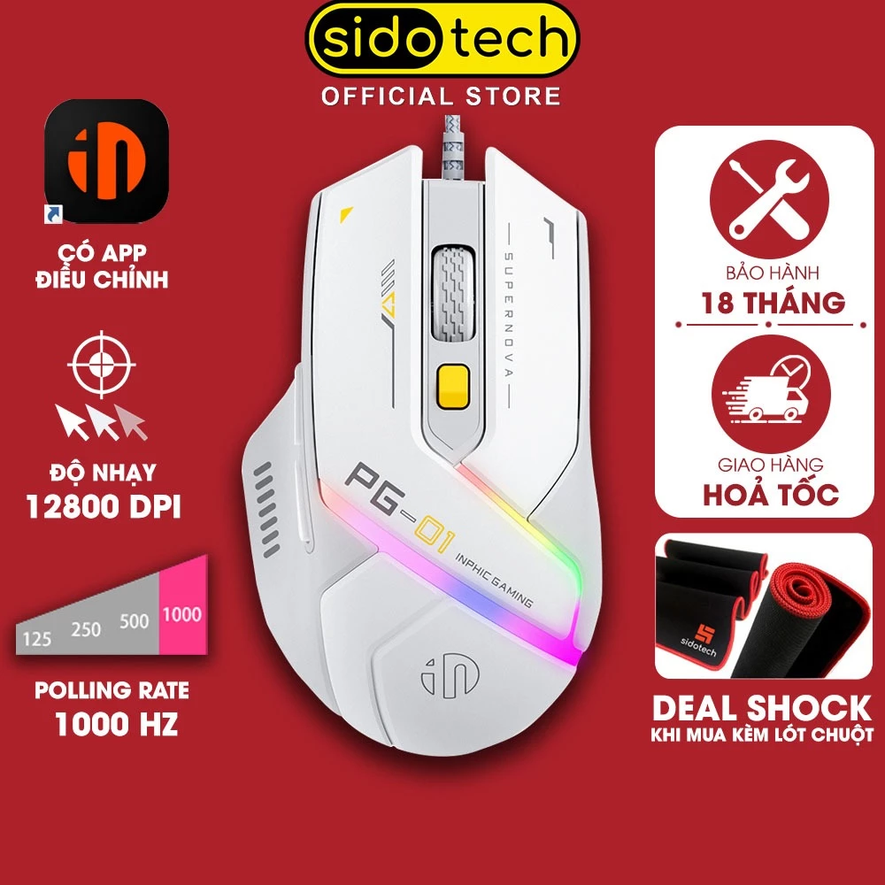 Chuột gaming có dây SIDOTECH INPHIC PG1 led RGB 6 nút 1000hz app chuột chơi game máy tính laptop công thái học cao cấp
