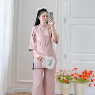 Đồ lam nữ pháp phục lễ chùa set Xô ấn cổ tàu khuya tàu dáng 3/4 của đồ lam Phúc Tâm