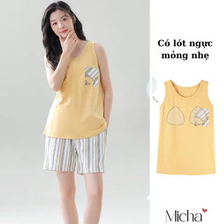 Bộ đồ mặc nhà nữ có lót ngực hàng cao cấp bộ ngủ sát nách cotton 100% mềm mại - C4Micha (nhiều màu)