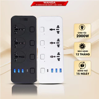 Ổ điện đa năng chính hãng WANDA 3 cổng USB 15v sạc nhanh, 1 type c, chống cháy, ổ chịu tải 2000W , nhựa pp