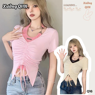 Áo Croptop Tay Ngắn Cổ Chữ V Phối Màu Tương Phản #Q016