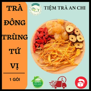 1 gói trà Đông trùng tứ vị gồm đông trùng hạ thảo, táo đỏ, long nhãn, kỷ tử giúp bồi bổ, tăng cường sinh lực